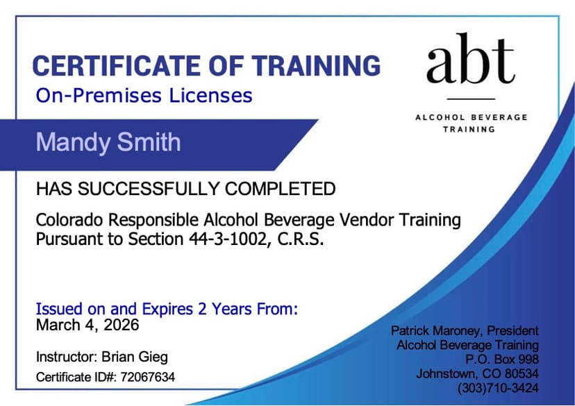 Colorado Responsible Alcohol Beverage Vendor Training